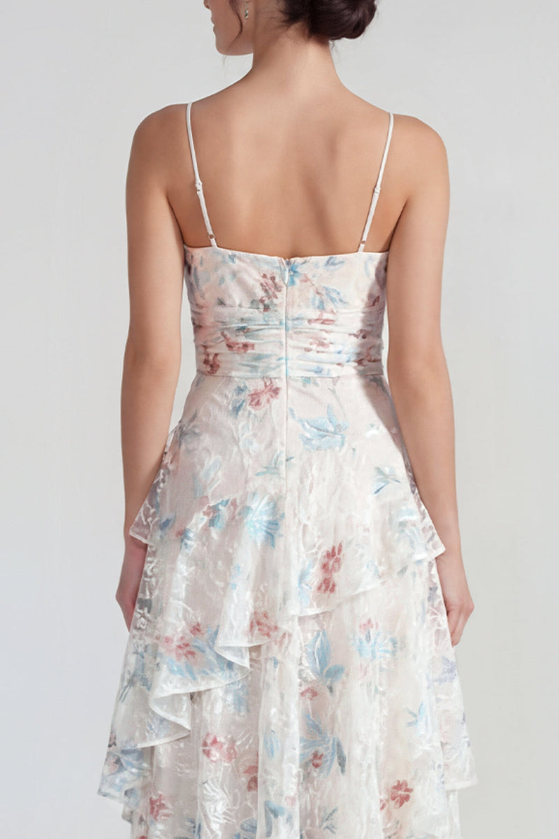 Laden Sie das Bild in den Galerie-Viewer, Weißes Scheide Spaghetti-Träger Maxi Multi-Blumen Ballkleid mit Rüschen