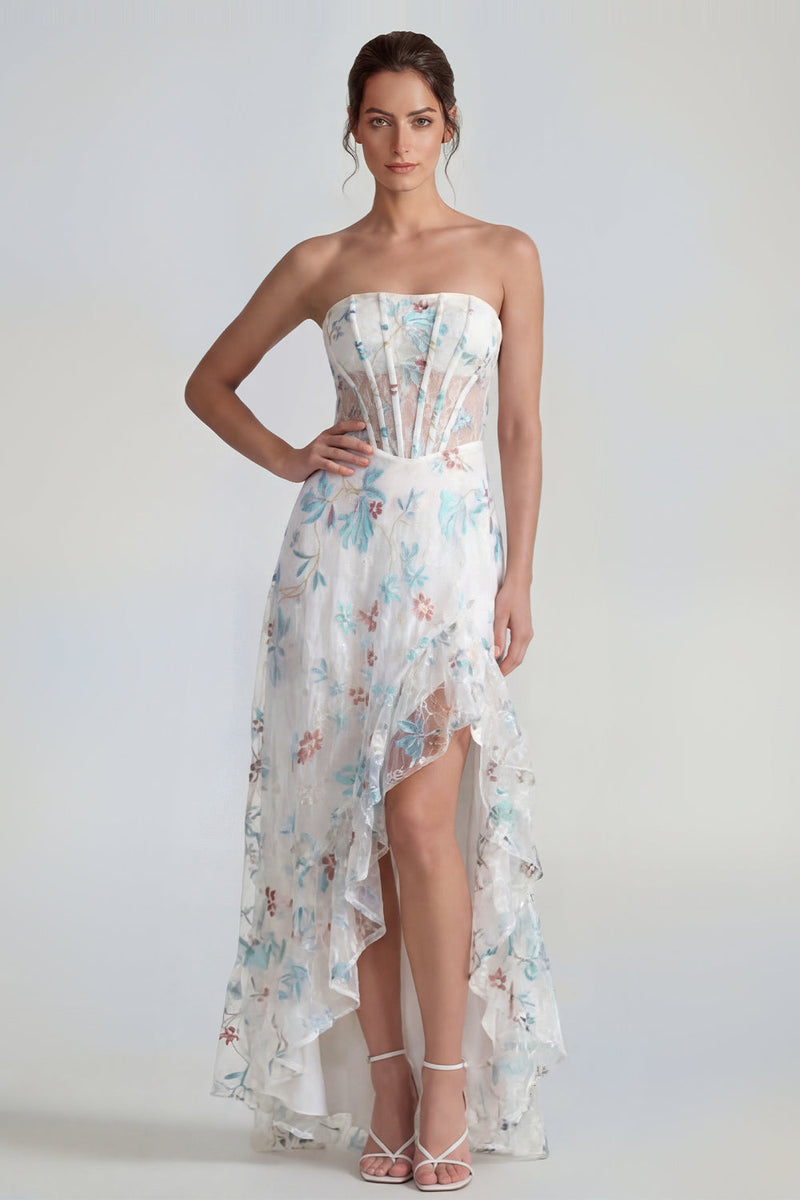 Laden Sie das Bild in den Galerie-Viewer, Weißes A-Linie Trägerloses Korsett Langes Multi-Blumen Ballkleid mit Rüschenschlitz