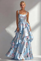Laden Sie das Bild in den Galerie-Viewer, Blaues Rüschen Bedrucktes Langes Satin Ballkleid mit Blumen