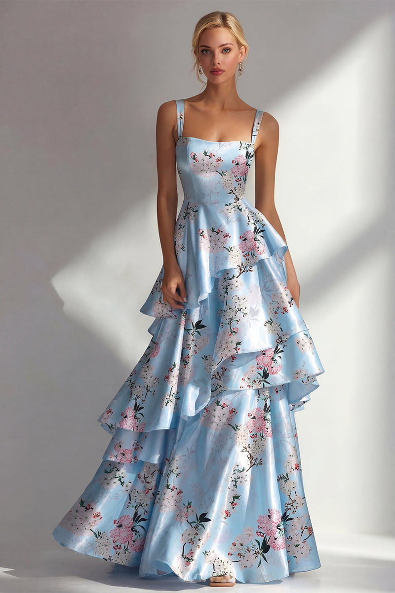 Laden Sie das Bild in den Galerie-Viewer, Blaues Rüschen Bedrucktes Langes Satin Ballkleid mit Blumen