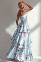 Laden Sie das Bild in den Galerie-Viewer, Blaues Rüschen Bedrucktes Langes Satin Ballkleid mit Blumen