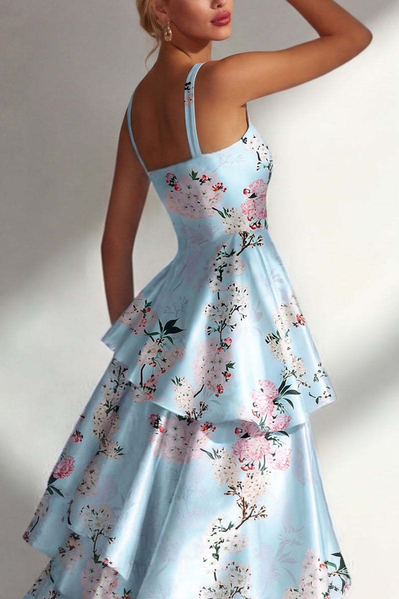 Laden Sie das Bild in den Galerie-Viewer, Blaues Rüschen Bedrucktes Langes Satin Ballkleid mit Blumen