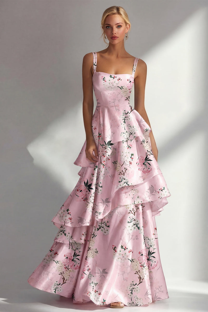 Laden Sie das Bild in den Galerie-Viewer, Blaues Rüschen Bedrucktes Langes Satin Ballkleid mit Blumen