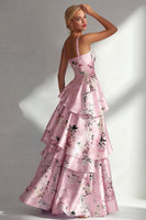 Laden Sie das Bild in den Galerie-Viewer, Blaues Rüschen Bedrucktes Langes Satin Ballkleid mit Blumen