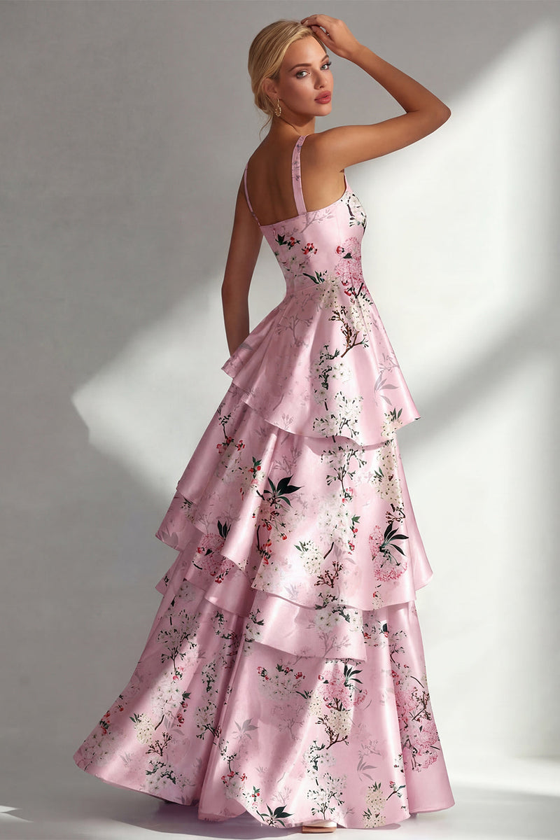 Laden Sie das Bild in den Galerie-Viewer, Blaues Rüschen Bedrucktes Langes Satin Ballkleid mit Blumen