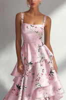 Laden Sie das Bild in den Galerie-Viewer, Blaues Rüschen Bedrucktes Langes Satin Ballkleid mit Blumen