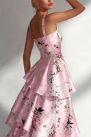 Laden Sie das Bild in den Galerie-Viewer, Blaues Rüschen Bedrucktes Langes Satin Ballkleid mit Blumen