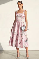Laden Sie das Bild in den Galerie-Viewer, Blaues A-Linie Midi Quadrathals Satin Blumenkleid mit Druck