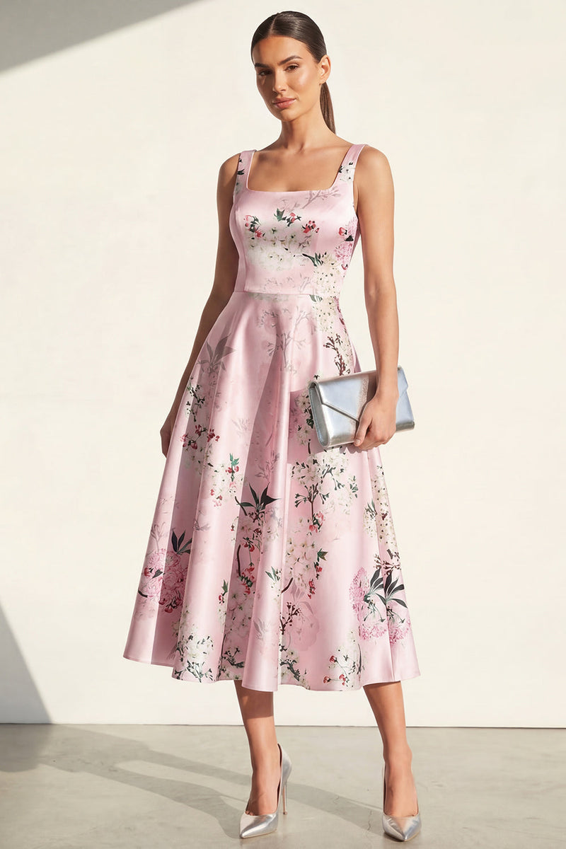 Laden Sie das Bild in den Galerie-Viewer, Blaues A-Linie Midi Quadrathals Satin Blumenkleid mit Druck
