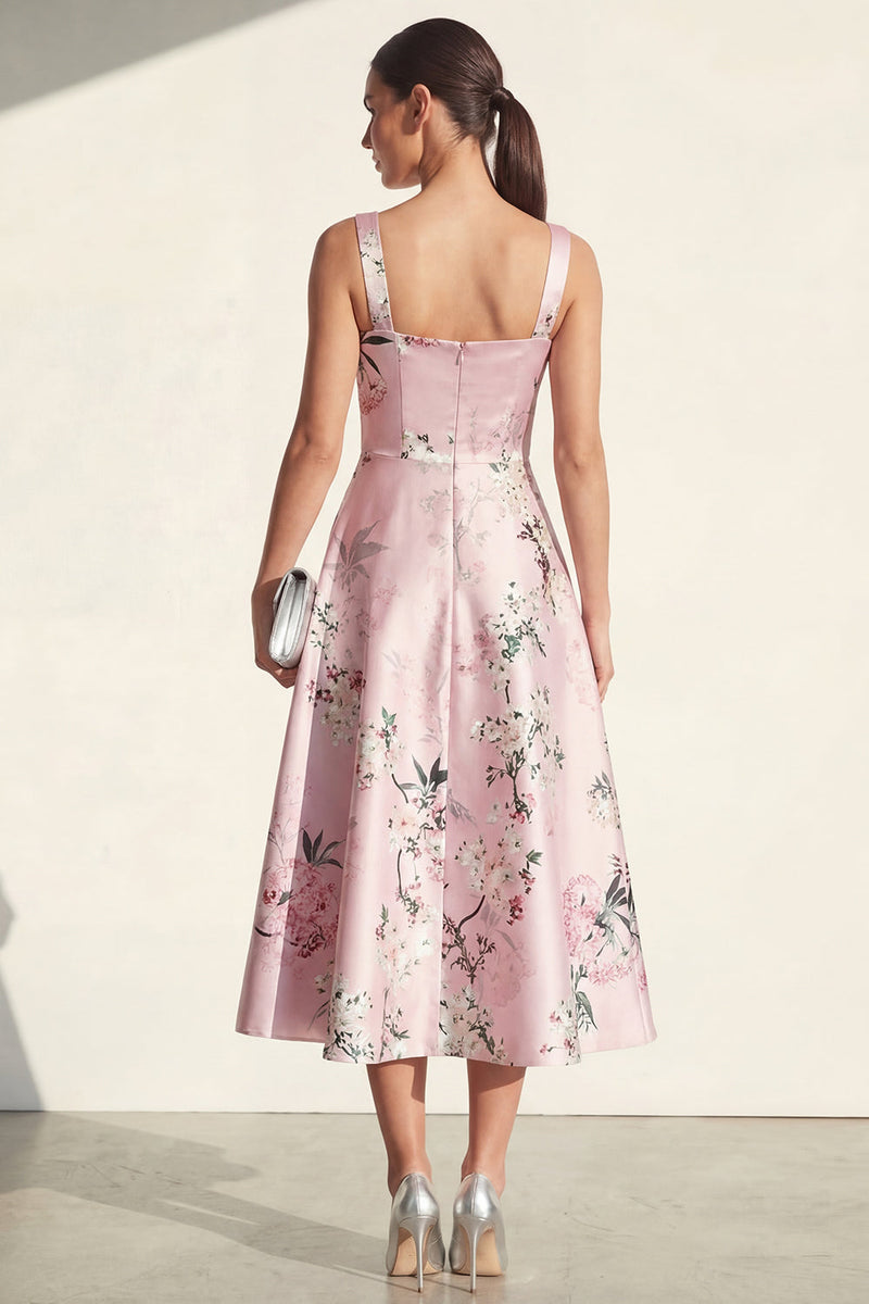 Laden Sie das Bild in den Galerie-Viewer, Blaues A-Linie Midi Quadrathals Satin Blumenkleid mit Druck