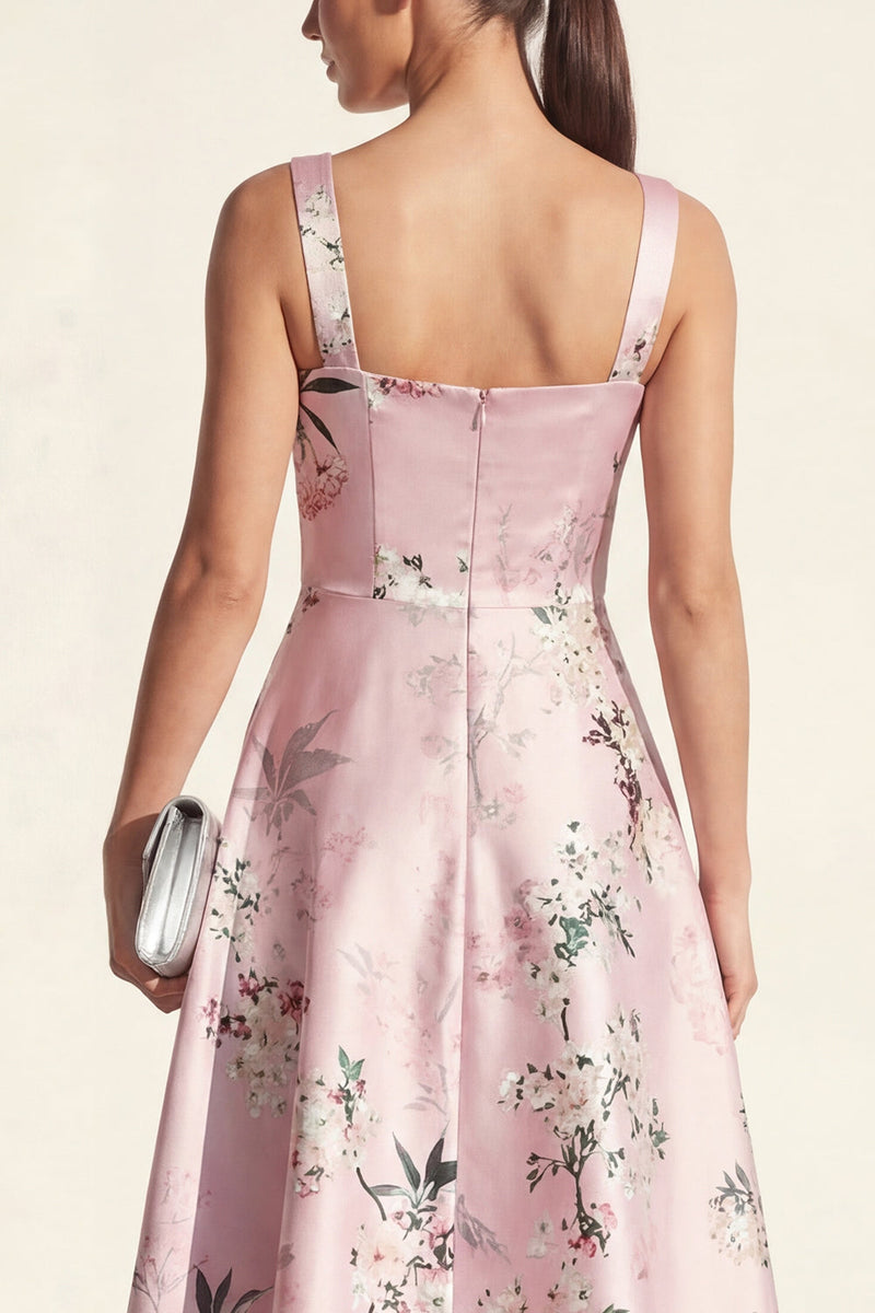 Laden Sie das Bild in den Galerie-Viewer, Blaues A-Linie Midi Quadrathals Satin Blumenkleid mit Druck