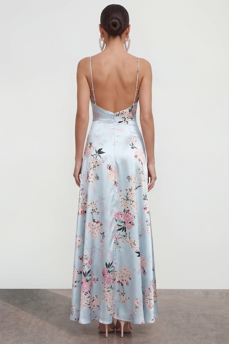 Laden Sie das Bild in den Galerie-Viewer, Rosa A-Linie Spaghetti-Träger Bedrucktes Blumenkleid mit Rüschenschlitz