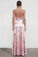 Laden Sie das Bild in den Galerie-Viewer, Rosa A-Linie Spaghetti-Träger Bedrucktes Blumenkleid mit Rüschenschlitz