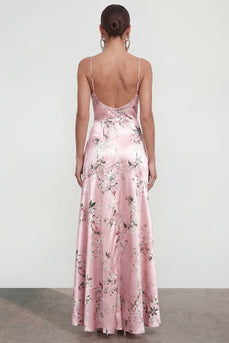 Rosa A-Linie Spaghetti-Träger Bedrucktes Blumenkleid mit Rüschenschlitz