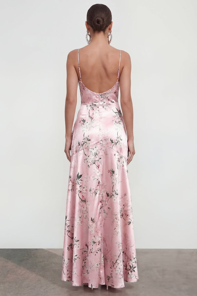 Laden Sie das Bild in den Galerie-Viewer, Rosa A-Linie Spaghetti-Träger Bedrucktes Blumenkleid mit Rüschenschlitz