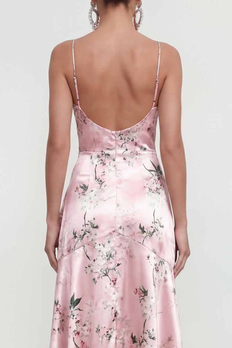 Laden Sie das Bild in den Galerie-Viewer, Rosa A-Linie Spaghetti-Träger Bedrucktes Blumenkleid mit Rüschenschlitz