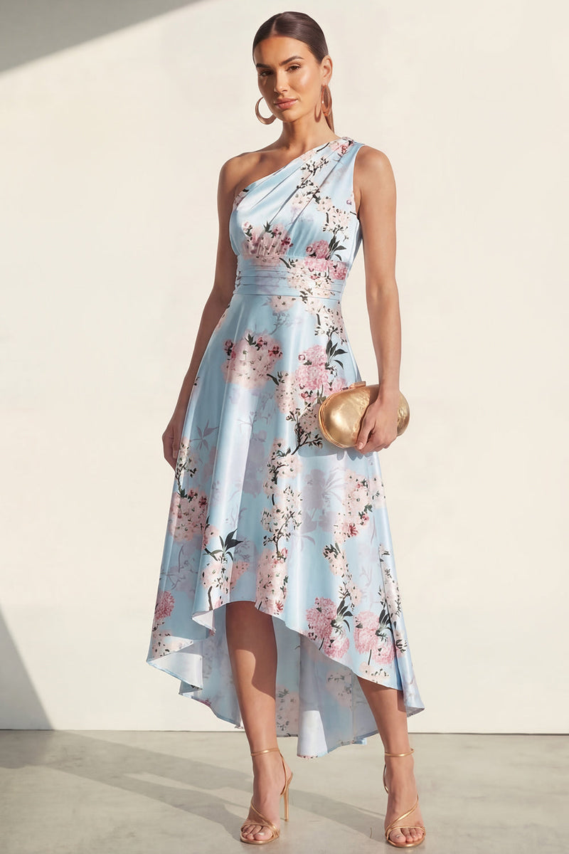 Laden Sie das Bild in den Galerie-Viewer, Ein Schulter A-Linie Blau Bedrucktes Midi Blumenkleid