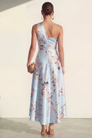 Laden Sie das Bild in den Galerie-Viewer, Ein Schulter A-Linie Blau Bedrucktes Midi Blumenkleid