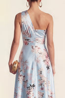 Laden Sie das Bild in den Galerie-Viewer, Ein Schulter A-Linie Blau Bedrucktes Midi Blumenkleid