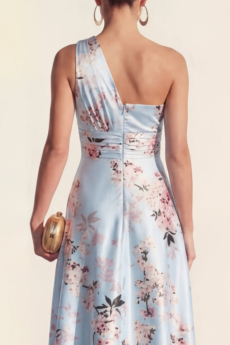 Laden Sie das Bild in den Galerie-Viewer, Ein Schulter A-Linie Blau Bedrucktes Midi Blumenkleid