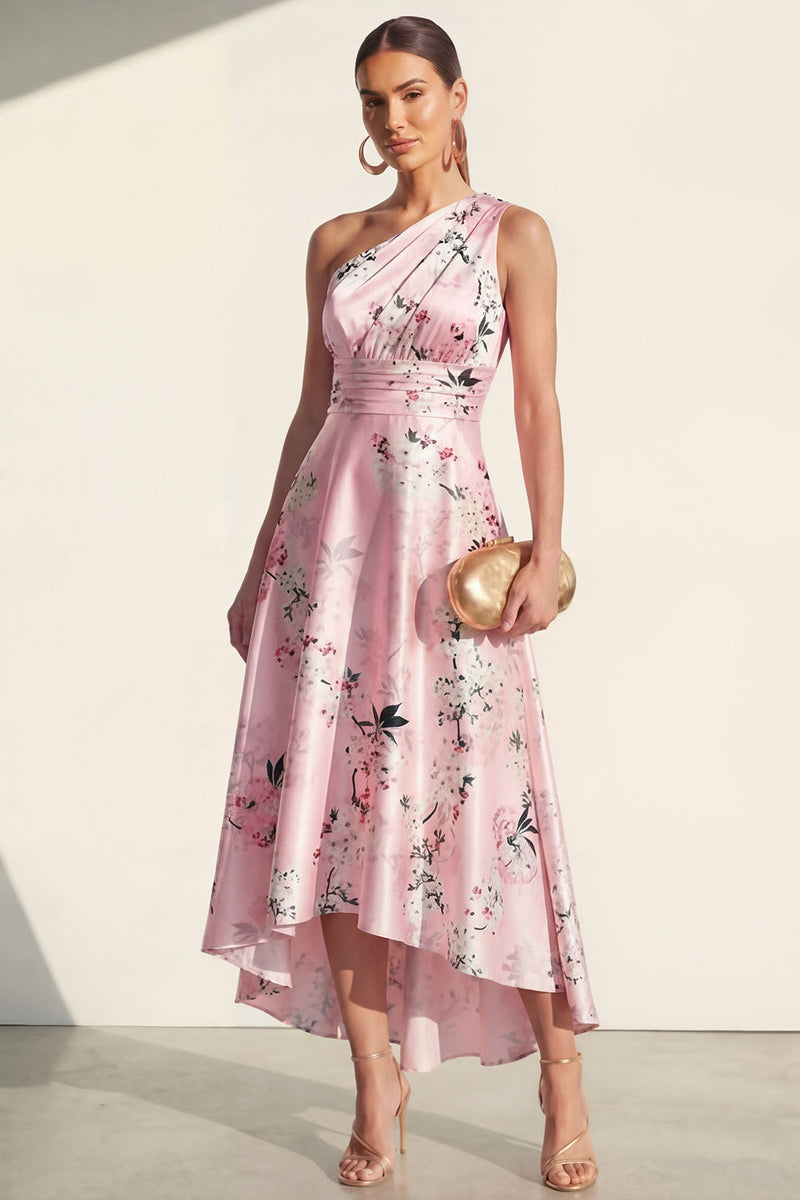 Laden Sie das Bild in den Galerie-Viewer, Ein Schulter A-Linie Blau Bedrucktes Midi Blumenkleid