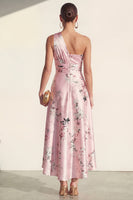Laden Sie das Bild in den Galerie-Viewer, Ein Schulter A-Linie Blau Bedrucktes Midi Blumenkleid