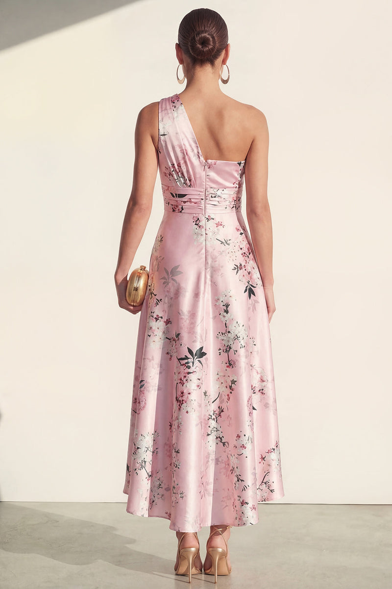 Laden Sie das Bild in den Galerie-Viewer, Ein Schulter A-Linie Blau Bedrucktes Midi Blumenkleid