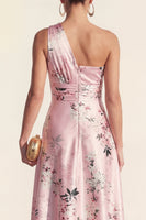 Laden Sie das Bild in den Galerie-Viewer, Ein Schulter A-Linie Blau Bedrucktes Midi Blumenkleid