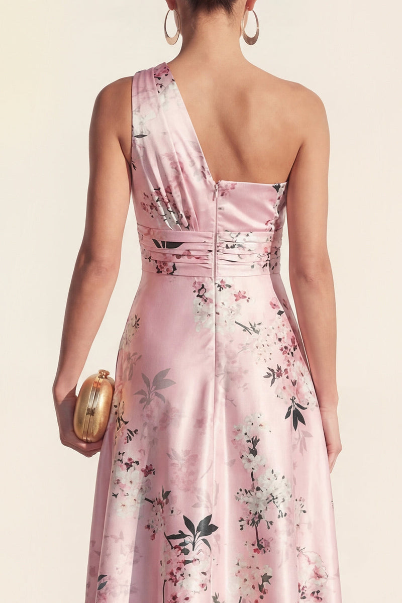 Laden Sie das Bild in den Galerie-Viewer, Ein Schulter A-Linie Blau Bedrucktes Midi Blumenkleid