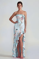 Laden Sie das Bild in den Galerie-Viewer, Rosa Trägerloses Korsett Langes Blumenkleid mit Rüschenschlitz