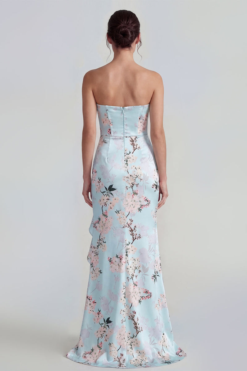 Laden Sie das Bild in den Galerie-Viewer, Rosa Trägerloses Korsett Langes Blumenkleid mit Rüschenschlitz