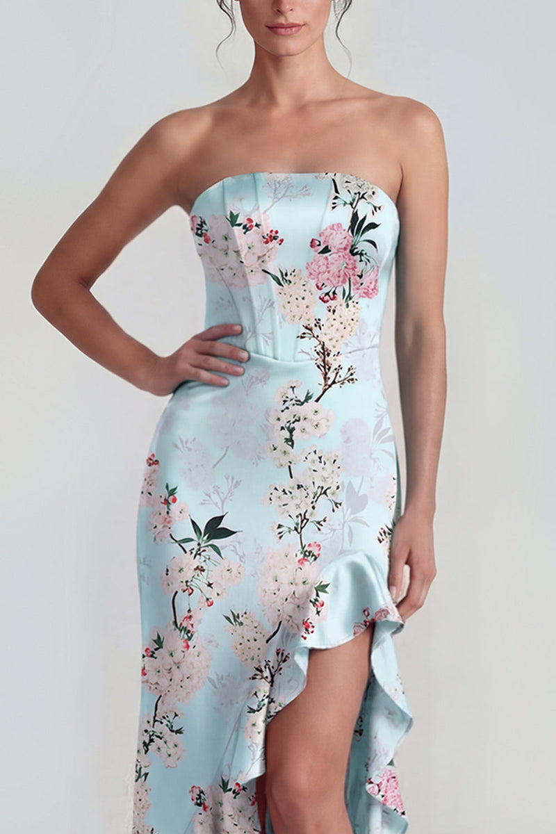 Laden Sie das Bild in den Galerie-Viewer, Rosa Trägerloses Korsett Langes Blumenkleid mit Rüschenschlitz