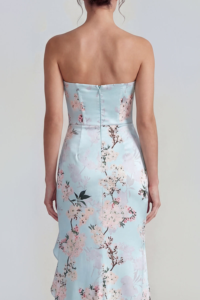 Laden Sie das Bild in den Galerie-Viewer, Rosa Trägerloses Korsett Langes Blumenkleid mit Rüschenschlitz