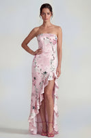 Laden Sie das Bild in den Galerie-Viewer, Rosa Trägerloses Korsett Langes Blumenkleid mit Rüschenschlitz