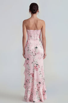 Rosa Trägerloses Korsett Langes Blumenkleid mit Rüschenschlitz