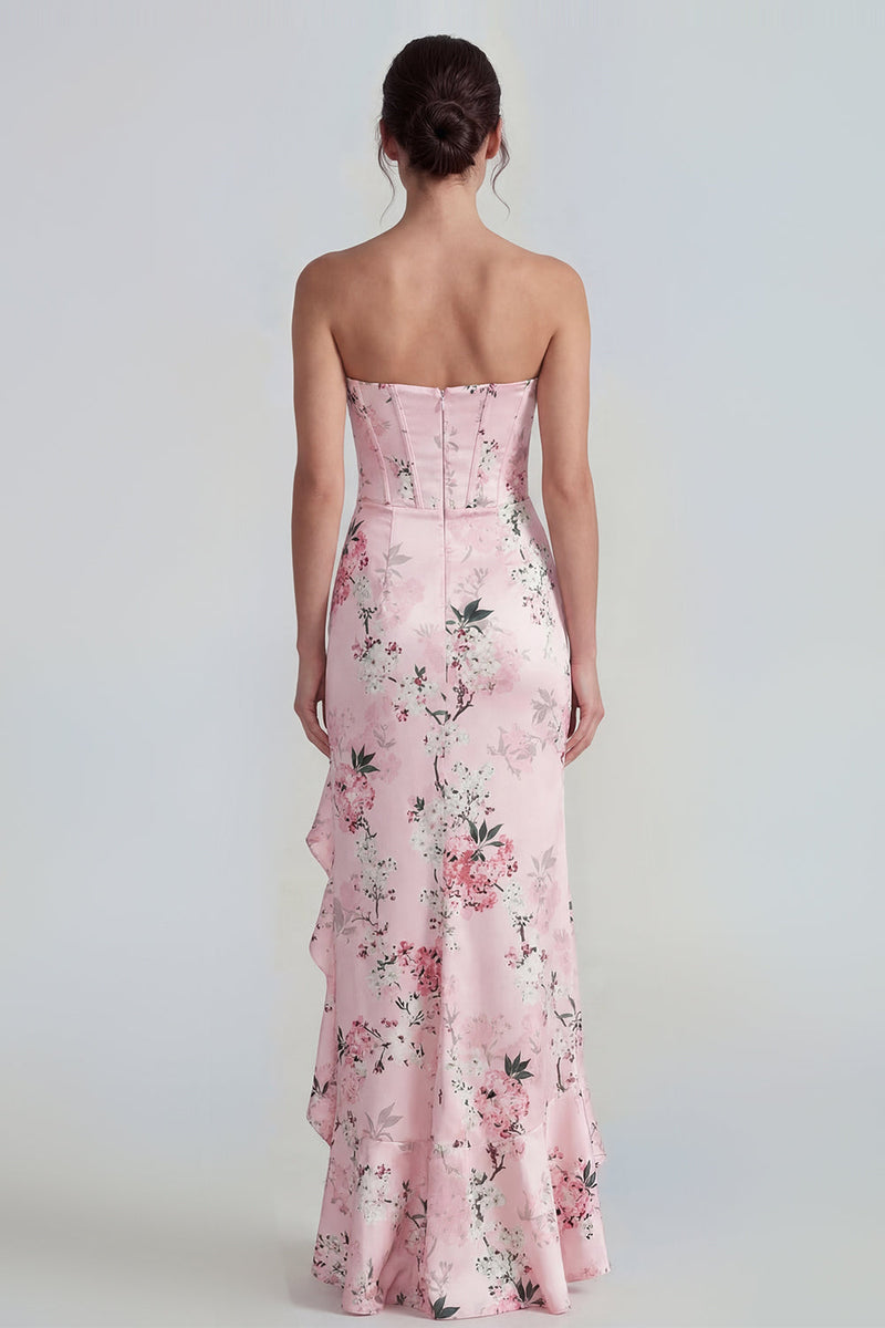 Laden Sie das Bild in den Galerie-Viewer, Rosa Trägerloses Korsett Langes Blumenkleid mit Rüschenschlitz