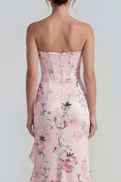 Laden Sie das Bild in den Galerie-Viewer, Rosa Trägerloses Korsett Langes Blumenkleid mit Rüschenschlitz