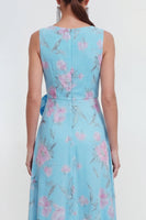 Laden Sie das Bild in den Galerie-Viewer, Blaues A-Linie 3D-Blumenmuster Langes Chiffonkleid mit Rüschenschlitz