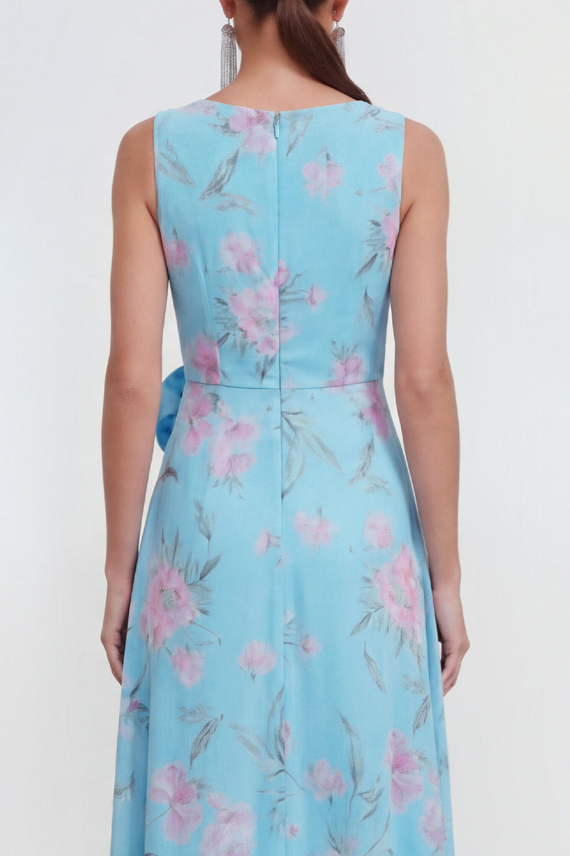 Laden Sie das Bild in den Galerie-Viewer, Blaues A-Linie 3D-Blumenmuster Langes Chiffonkleid mit Rüschenschlitz