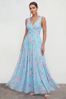 Laden Sie das Bild in den Galerie-Viewer, Blaues A-Linie V-Ausschnitt Chiffon Blumen Maxikleid