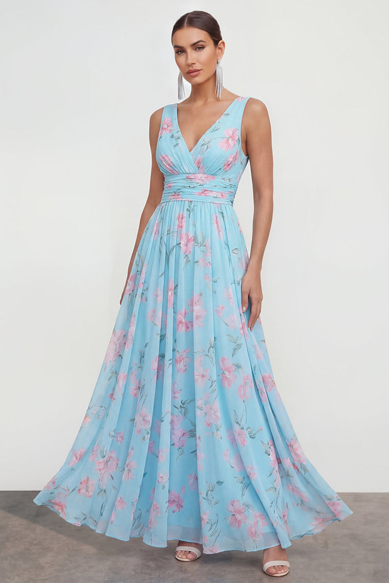 Laden Sie das Bild in den Galerie-Viewer, Blaues A-Linie V-Ausschnitt Chiffon Blumen Maxikleid