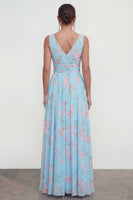 Laden Sie das Bild in den Galerie-Viewer, Blaues A-Linie V-Ausschnitt Chiffon Blumen Maxikleid