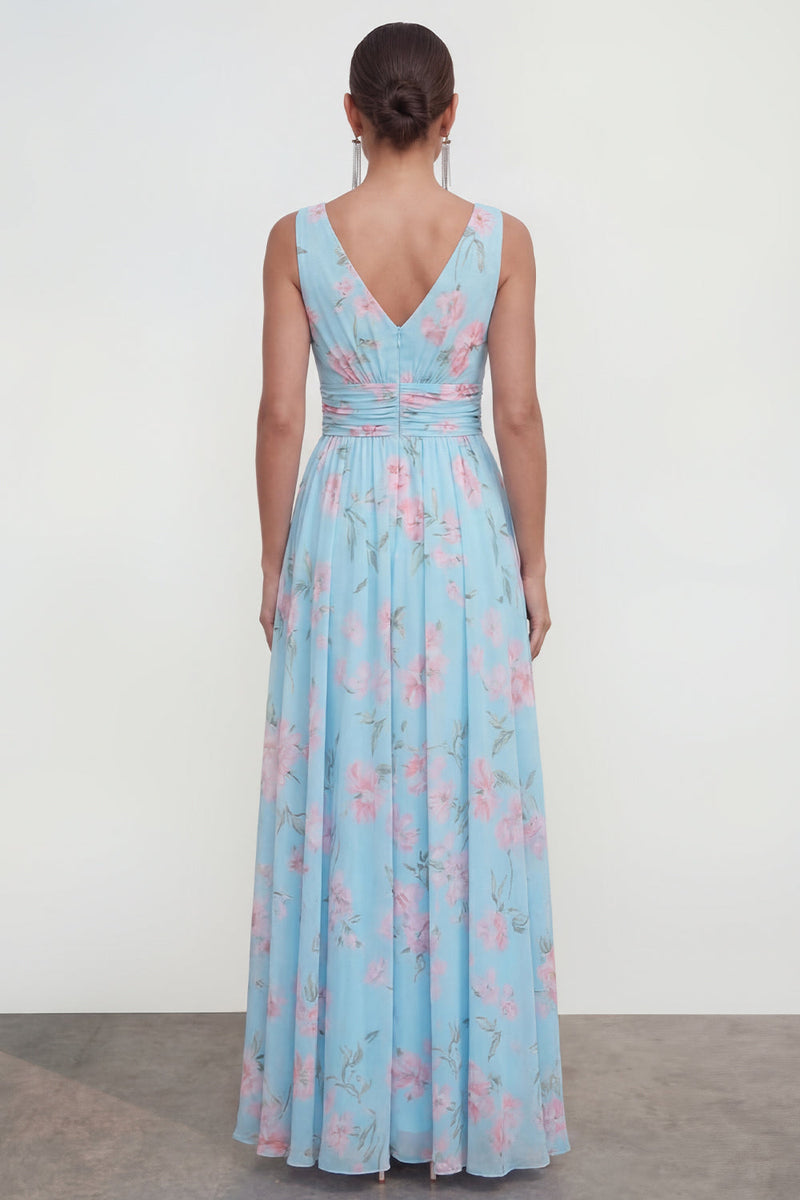 Laden Sie das Bild in den Galerie-Viewer, Blaues A-Linie V-Ausschnitt Chiffon Blumen Maxikleid