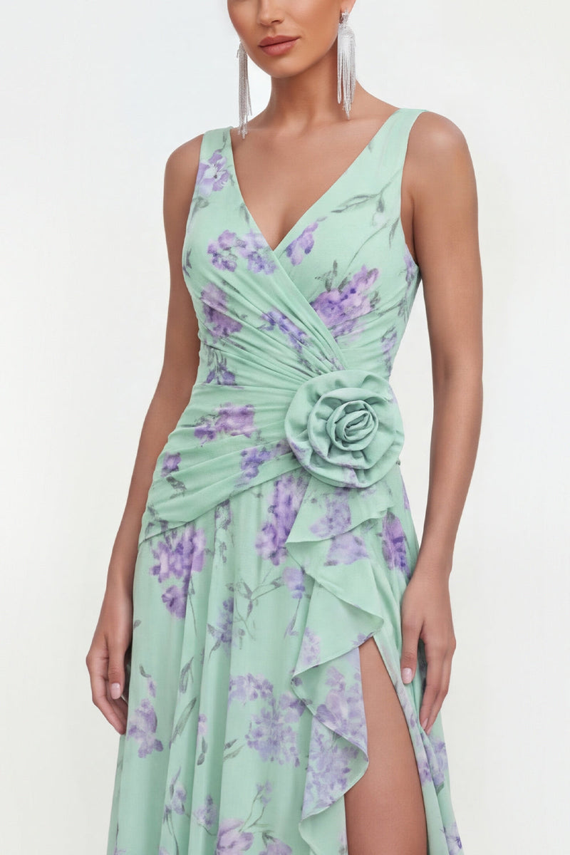 Laden Sie das Bild in den Galerie-Viewer, Blaues Chiffon A-Linie Gerafftes Seitenschlitz Blumenkleid mit 3D-Blume