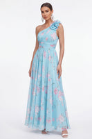 Laden Sie das Bild in den Galerie-Viewer, Grünes Einschulteriges A-Linie Chiffon Blumenkleid mit 3D-Blume