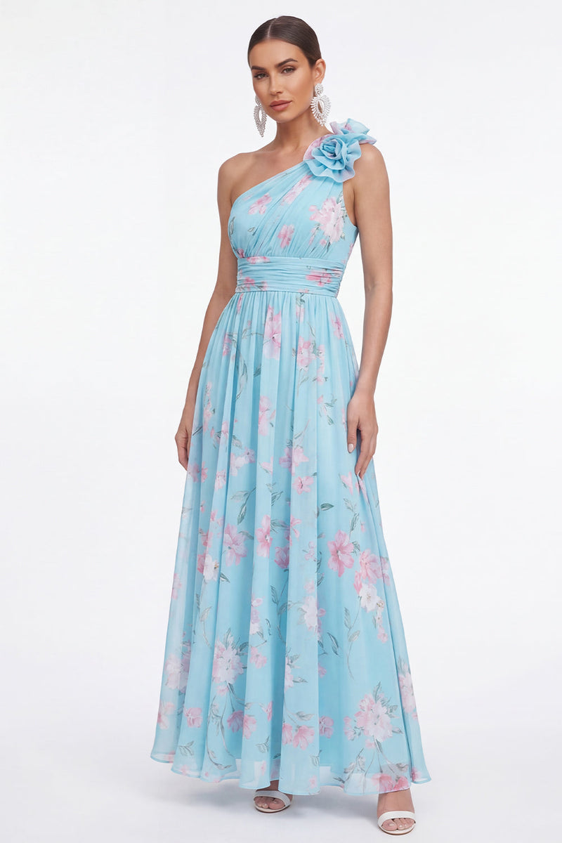 Laden Sie das Bild in den Galerie-Viewer, Grünes Einschulteriges A-Linie Chiffon Blumenkleid mit 3D-Blume