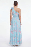 Laden Sie das Bild in den Galerie-Viewer, Grünes Einschulteriges A-Linie Chiffon Blumenkleid mit 3D-Blume