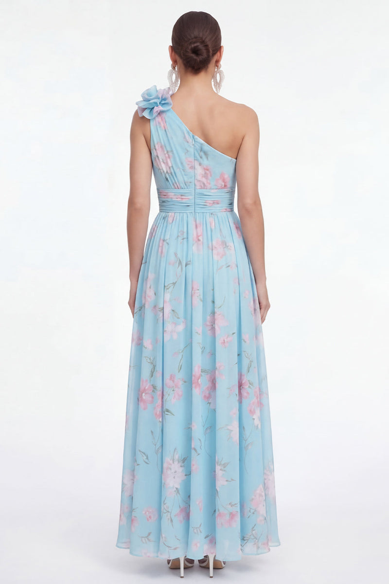 Laden Sie das Bild in den Galerie-Viewer, Grünes Einschulteriges A-Linie Chiffon Blumenkleid mit 3D-Blume