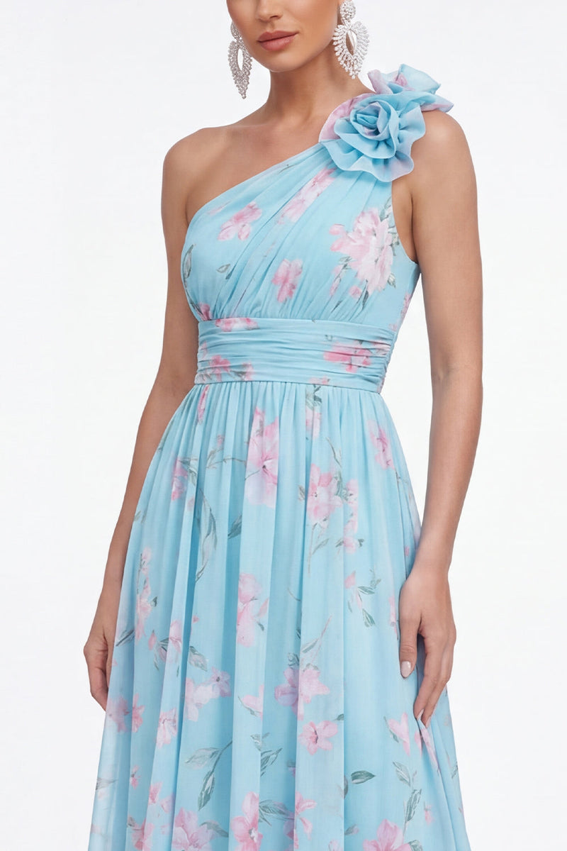 Laden Sie das Bild in den Galerie-Viewer, Grünes Einschulteriges A-Linie Chiffon Blumenkleid mit 3D-Blume