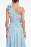 Laden Sie das Bild in den Galerie-Viewer, Grünes Einschulteriges A-Linie Chiffon Blumenkleid mit 3D-Blume